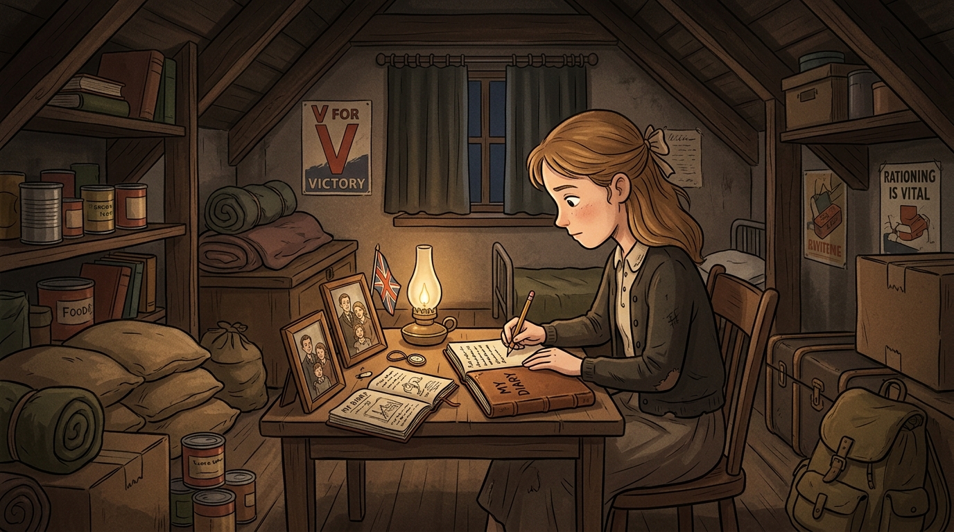 Pessoa escrevendo um diário em contexto histórico