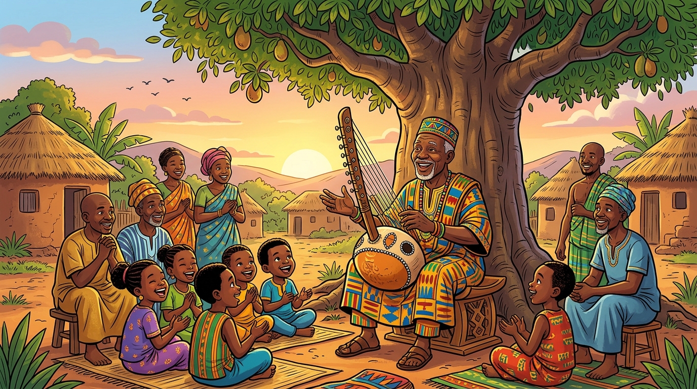 Griot africano contando histórias para uma comunidade