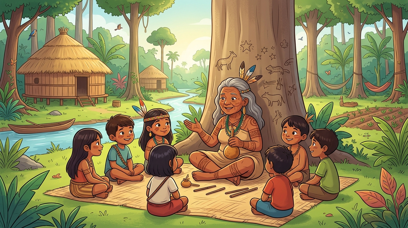 Pessoa idosa indígena ensinando crianças pela oralidade