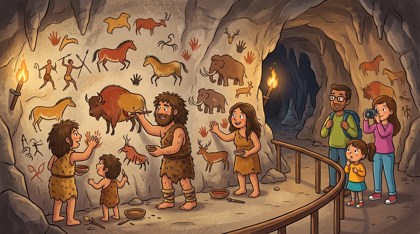 Pinturas rupestres em parede rochosa em estilo cartoon