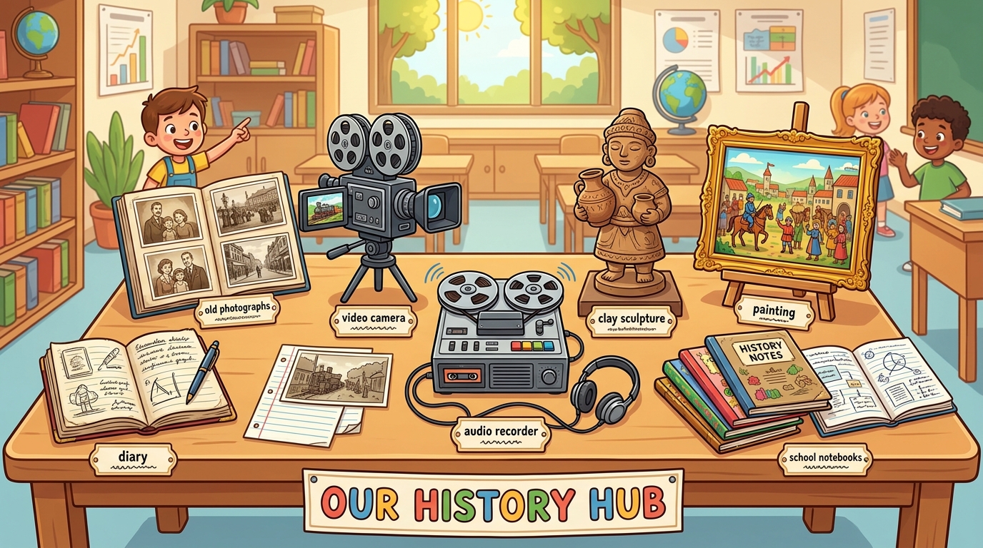 Vários tipos de registros históricos em estilo cartoon